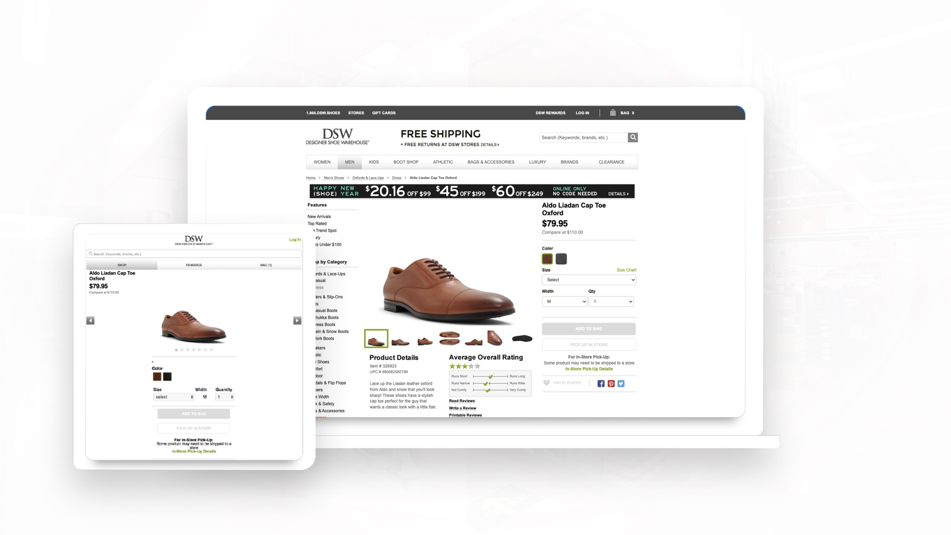 The same DSW product page on desktop and on the m-dot site
