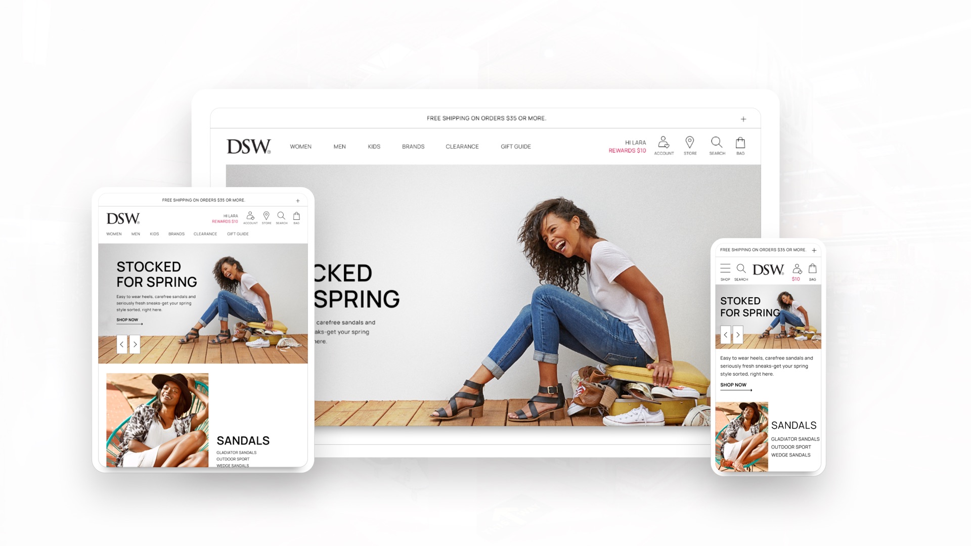 One responsive DSW platform shown across desktop, tablet and phone