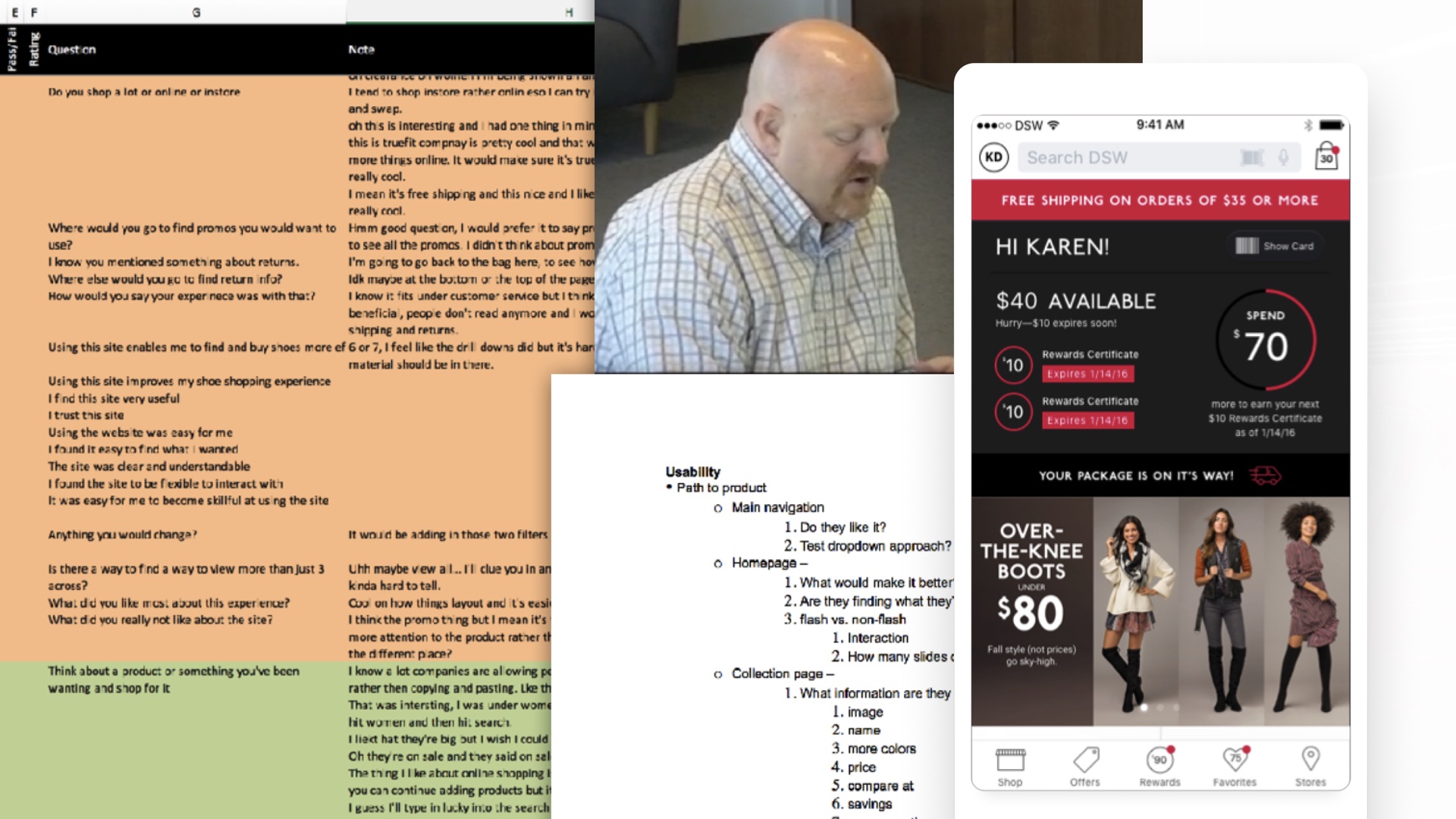 Usability session notes and script beside the app home screen they shaped
