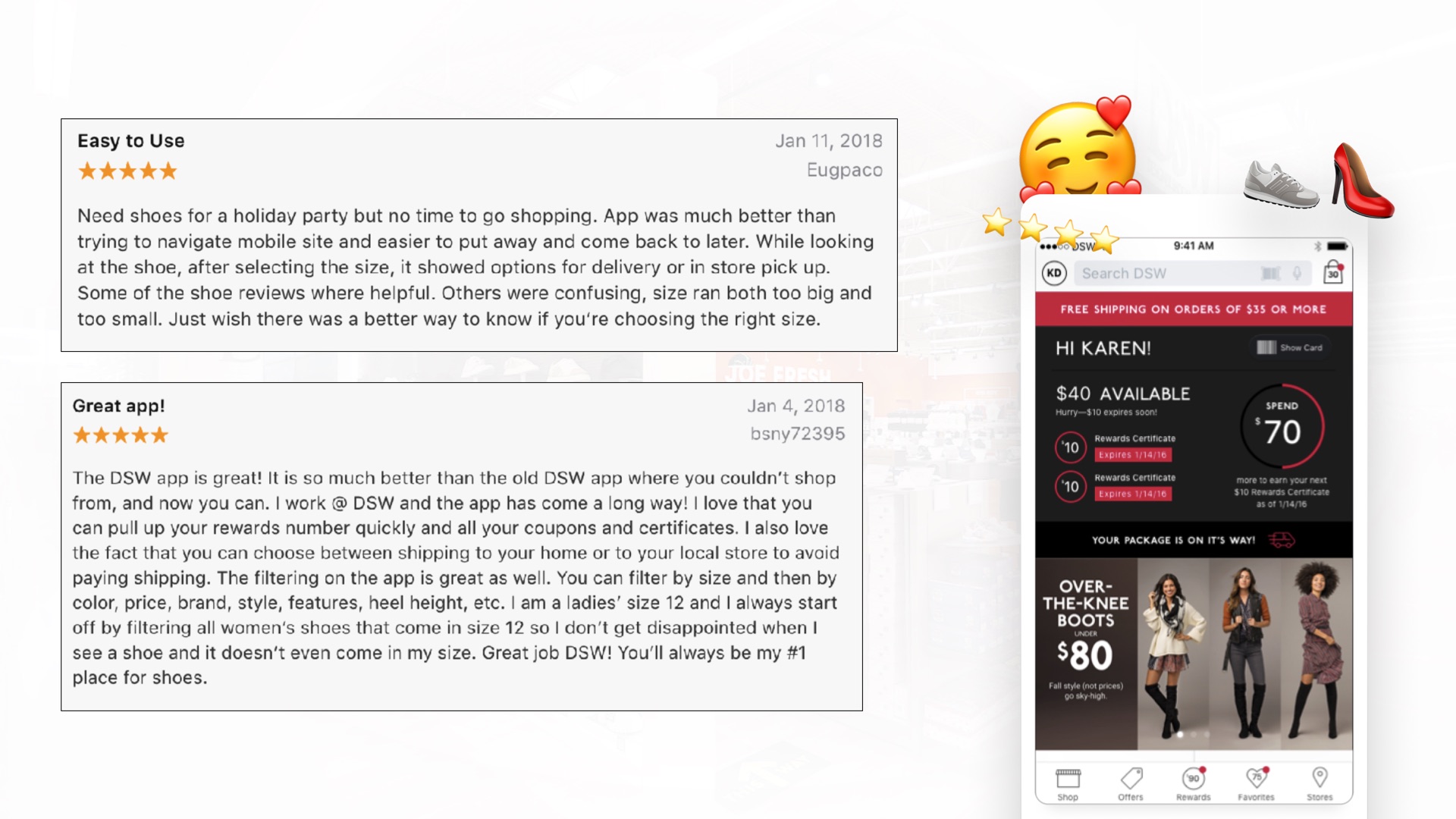 Five-star App Store reviews of the DSW app from January 2018