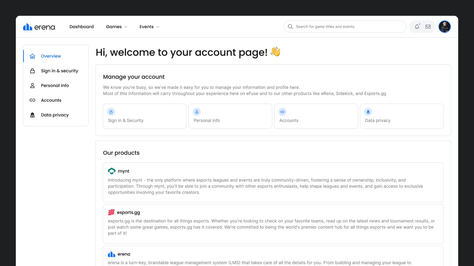 The eFuse account overview inside erena's navigation