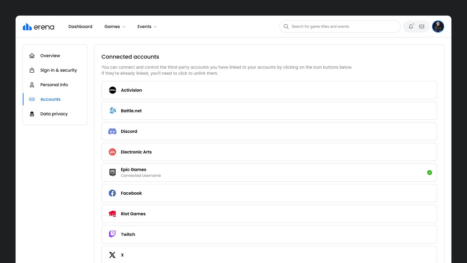 The linked accounts screen with nine third-party integrations