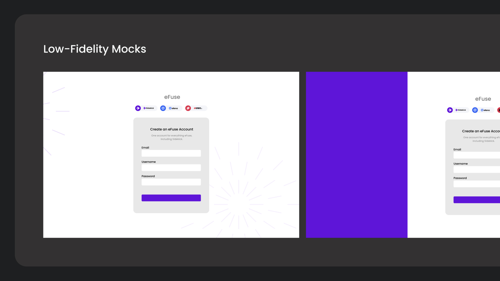 Low-fidelity login mocks with the product switcher above the form