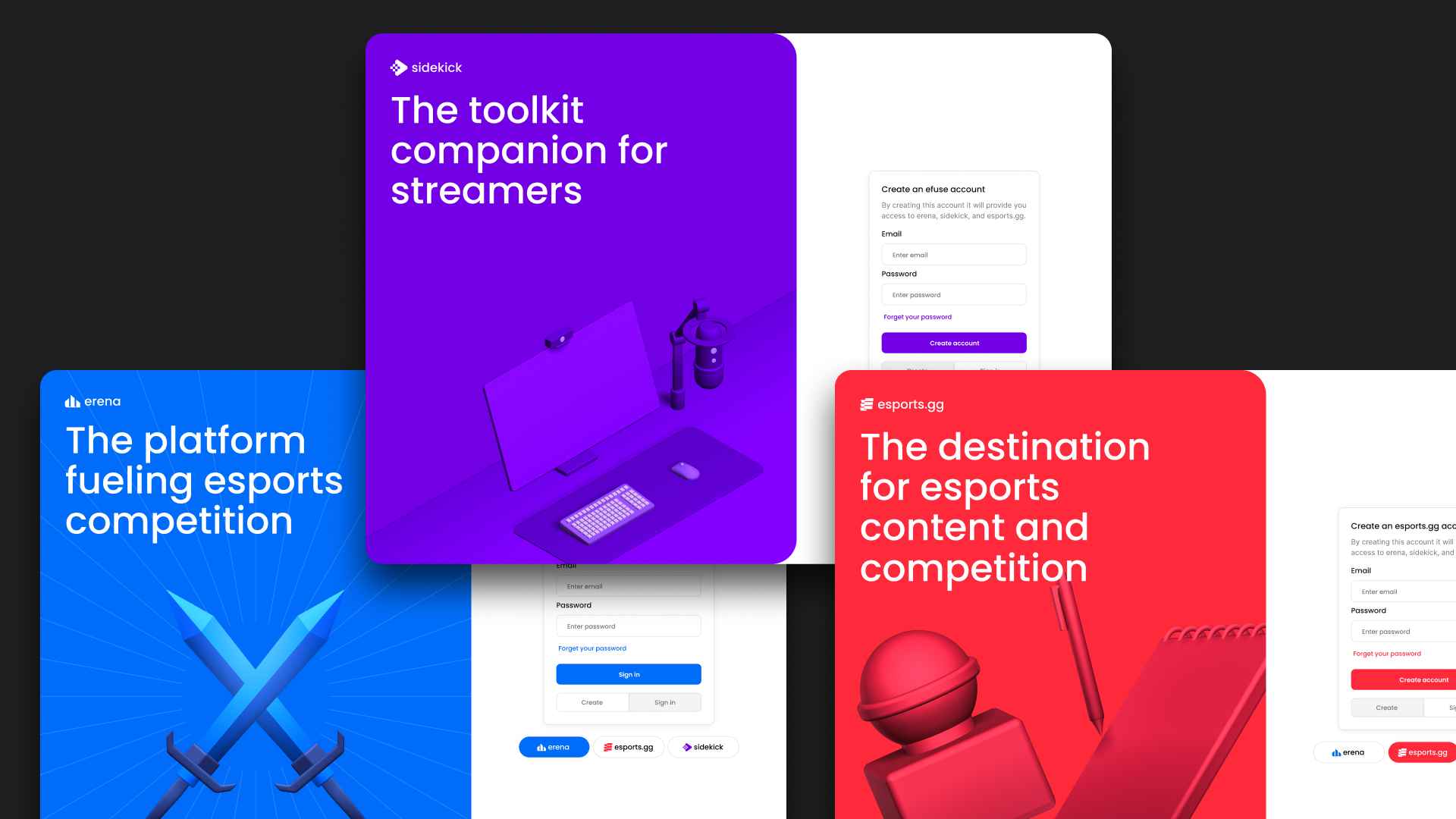 Shipped eFuse brand landing screens beside their login forms