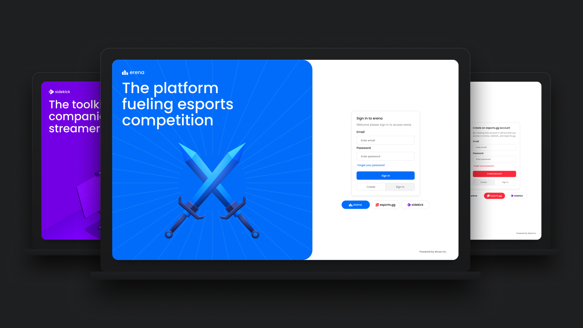 eFuse sign-in screens for erena, esports.gg and sidekick