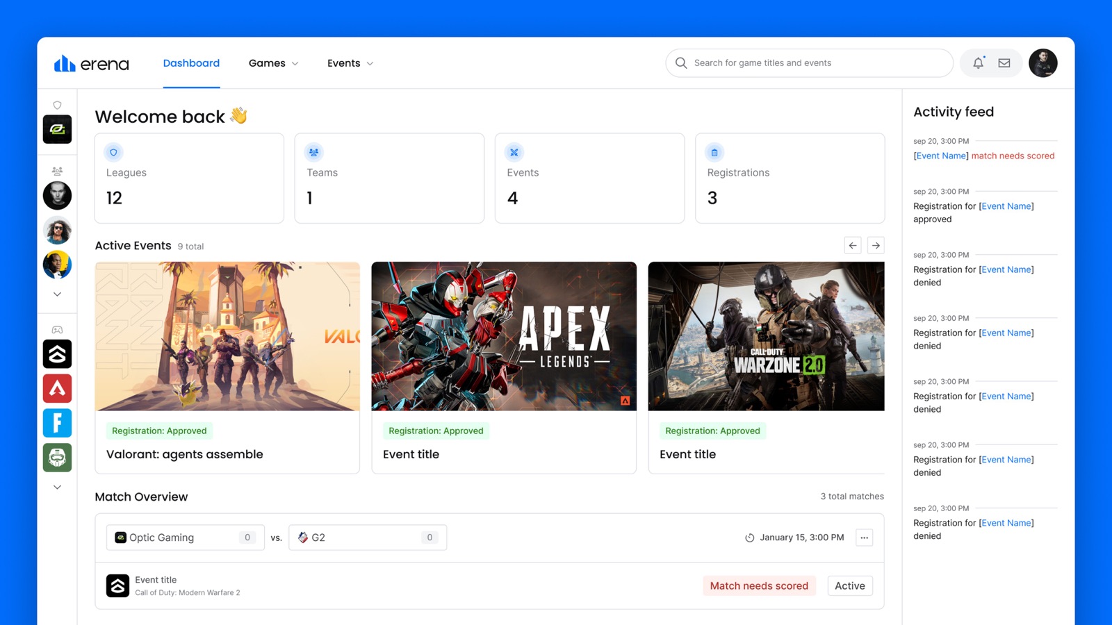 The shipped erena dashboard with counts and active events