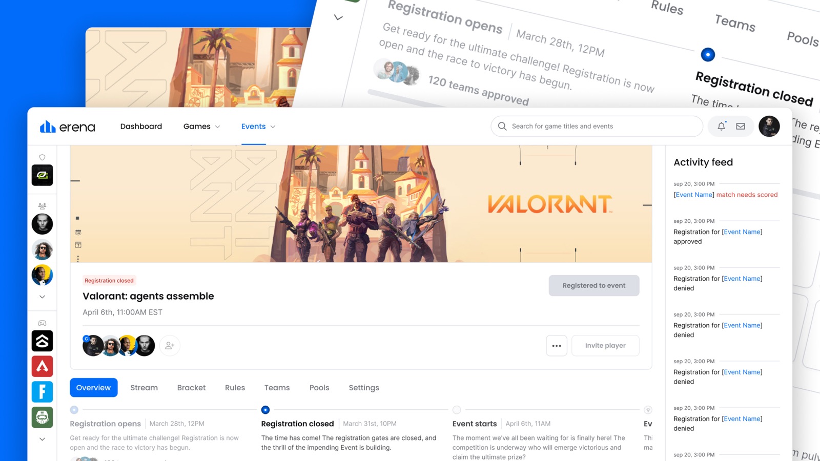 An erena event page with its registration timeline and tabs