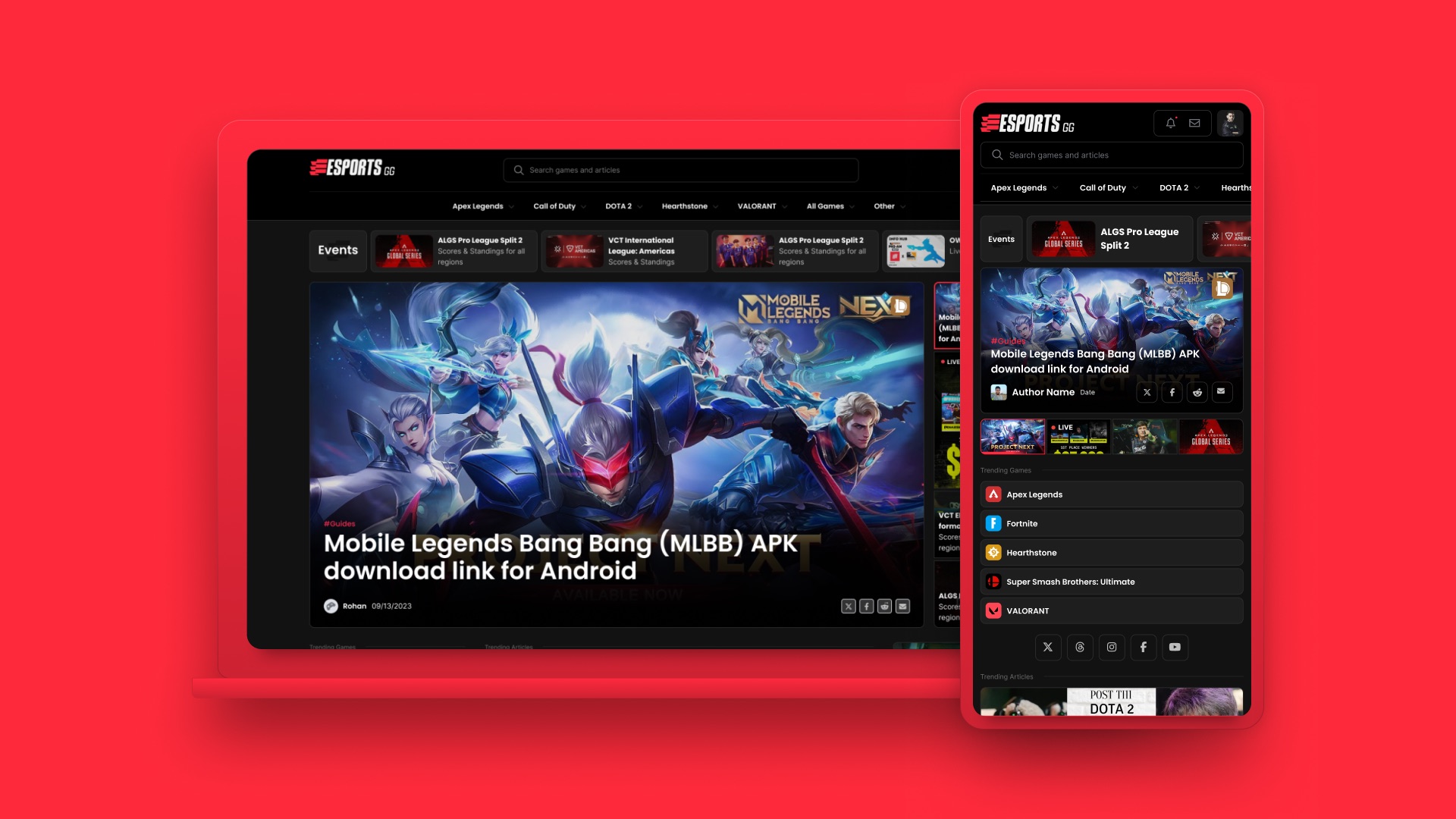 The redesigned esports.gg on desktop and mobile