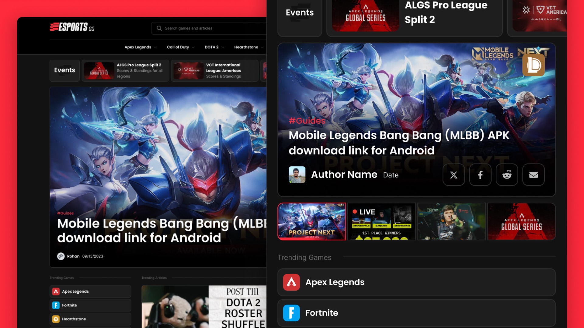 High-fidelity esports.gg homepage and article designs