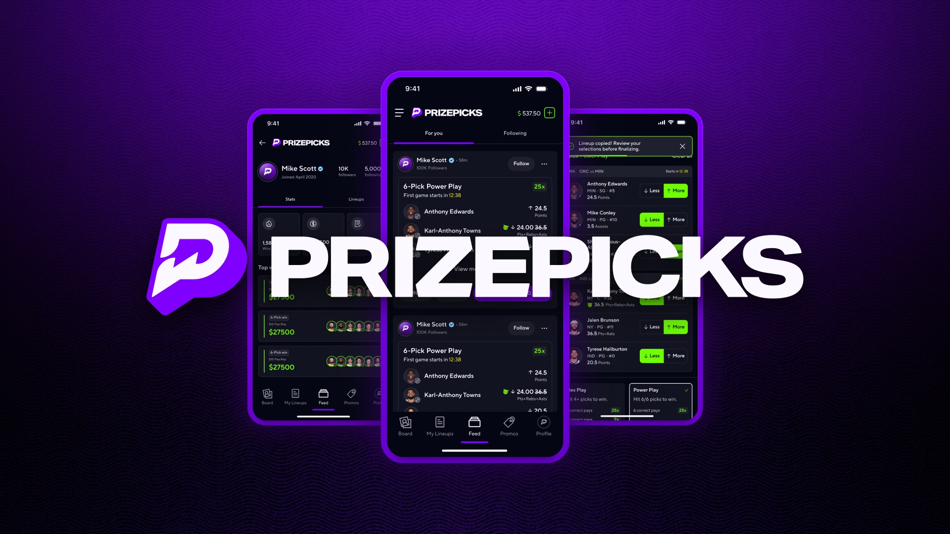 PrizePicks profiles, live feed and one-tap entry screens
