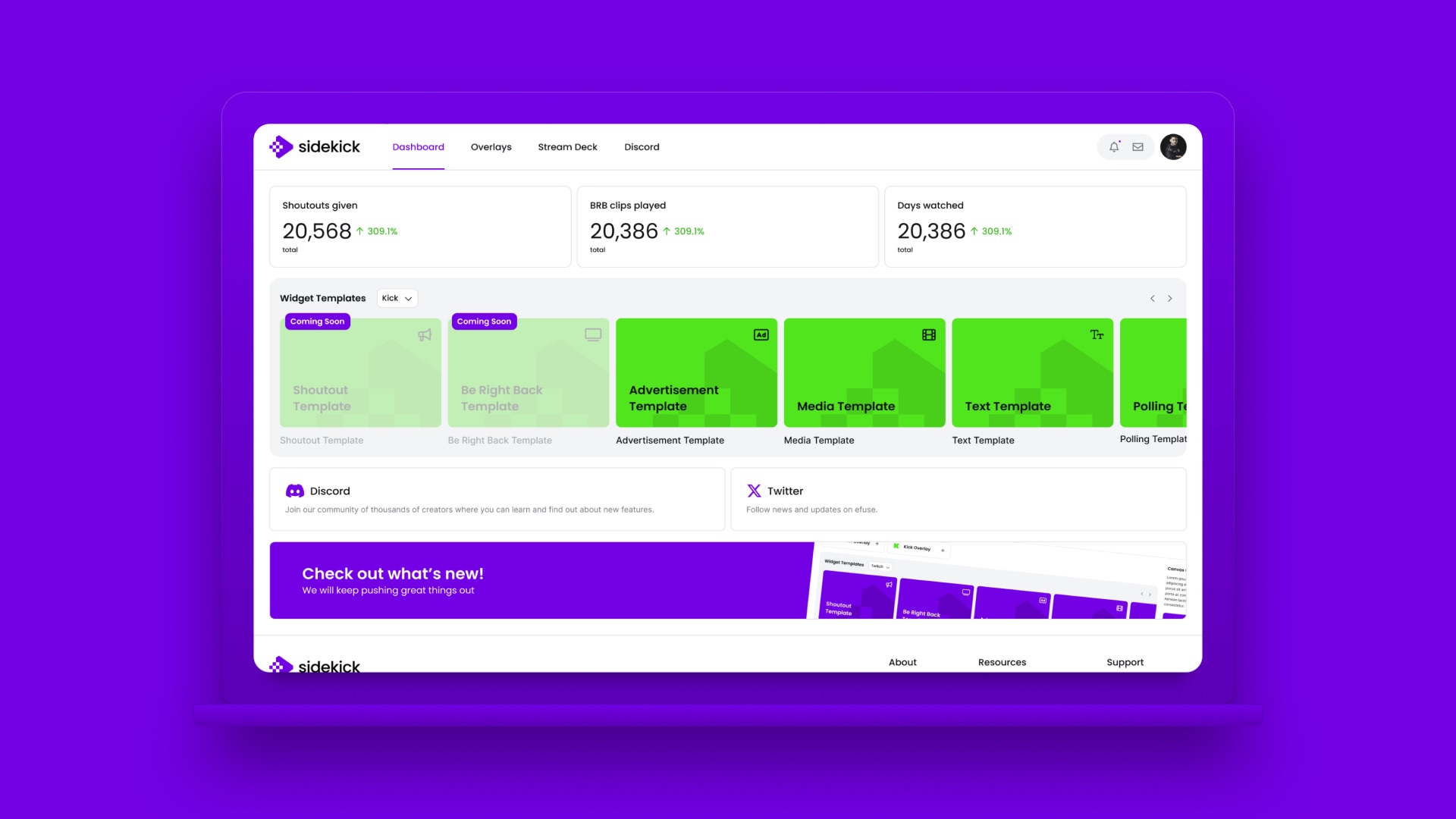 The redesigned sidekick dashboard with shoutouts, clips played and watch time